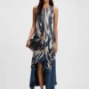 Asymmetric-hem dress in printed twill