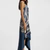 Asymmetric-hem dress in printed twill