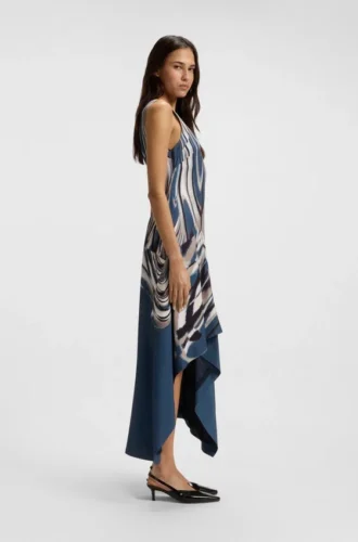 Asymmetric-hem dress in printed twill