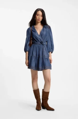 Balloon-sleeve dress with wrap front