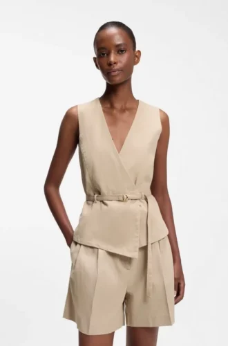 Belted regular-fit vest in cotton and hemp