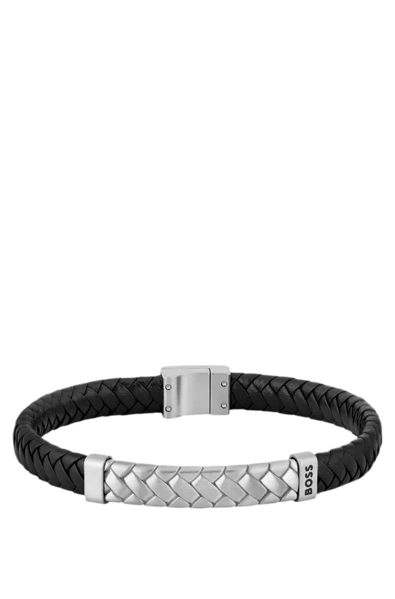 Black braided leather cuff with herringbone hardware Black braided leather cuff with herringbone hardware