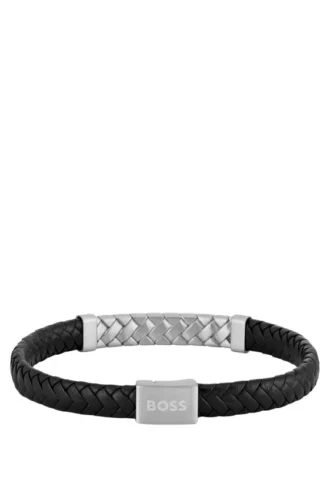 Black braided leather cuff with herringbone hardware