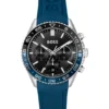 Black-dial chronograph watch with blue silicone strap