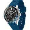 Black-dial chronograph watch with blue silicone strap