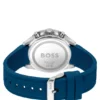 Black-dial chronograph watch with blue silicone strap