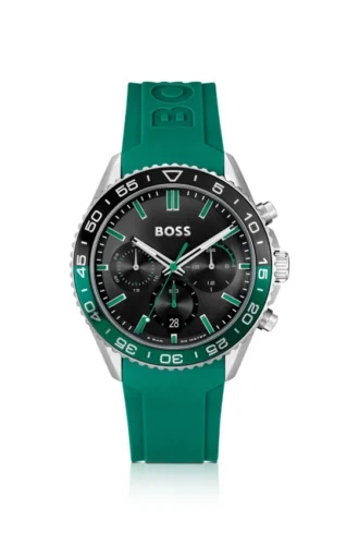 Black-dial chronograph watch with silicone strap