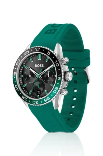 Black-dial chronograph watch with silicone strap