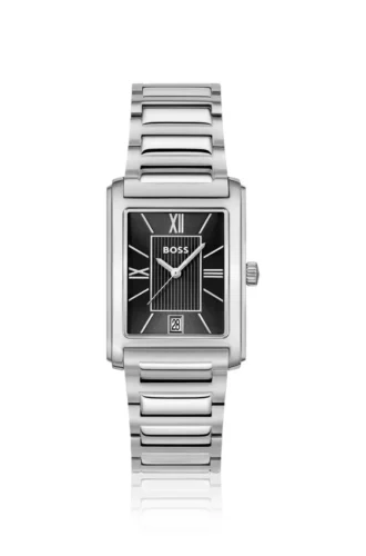 Black-dial watch with gold-effect bracelet