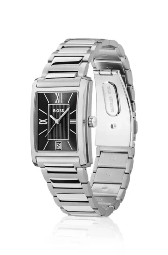 Black-dial watch with gold-effect bracelet