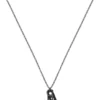 Black-plated necklace with leather tag and metal link