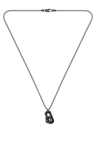 Black-plated necklace with leather tag and metal link