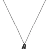 Black-plated necklace with leather tag and metal link