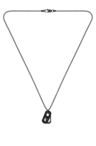 Black-plated necklace with leather tag and metal link