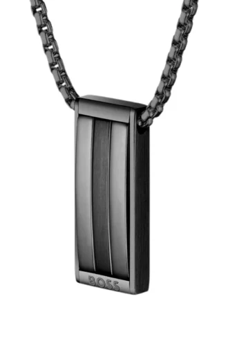 Black stainless-steel necklace with stripe-effect pendant