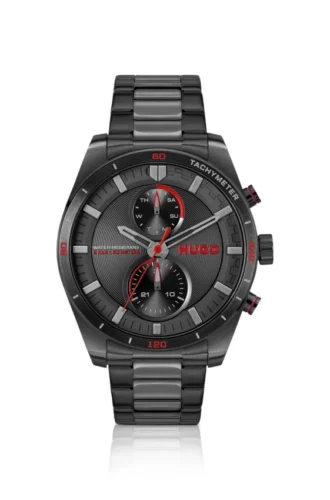 Black-tone watch with matching three-link bracelet