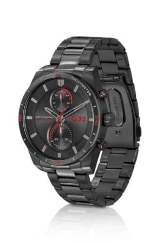Black-tone watch with matching three-link bracelet