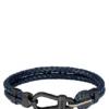 Blue braided-leather cuff with black carabiner closure