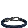 Blue braided-leather cuff with black carabiner closure
