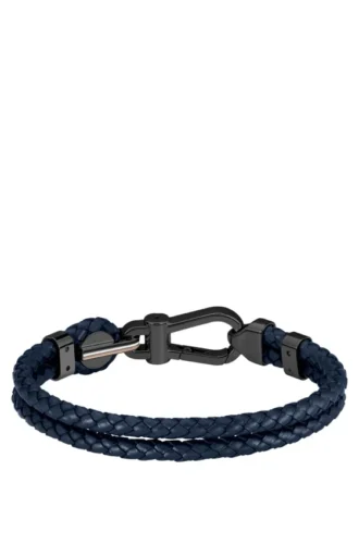 Blue braided-leather cuff with black carabiner closure