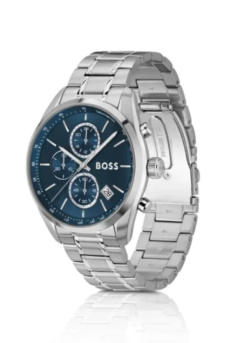 Blue-dial chronograph watch in silver-tone steel