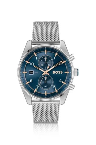 Blue-dial chronograph watch with mesh bracelet
