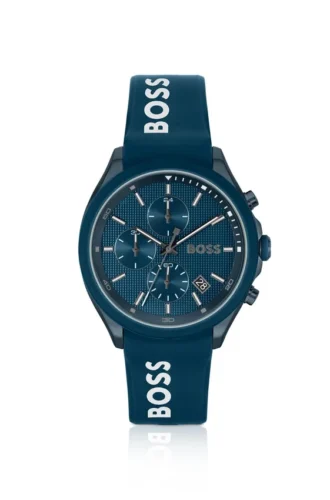 Blue-plated chronograph watch with blue silicone strap