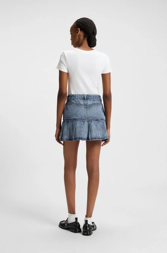 Blue rigid-denim mini skirt with half pleating Blue rigid-denim mini skirt with half pleating