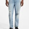 Blue tapered-fit jeans in distressed denim