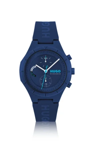 Blue watch with silicone logo strap