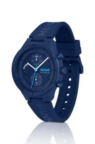 Blue watch with silicone logo strap