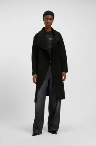 Bouclé coat with stand collar and belt