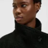 Bouclé coat with stand collar and belt