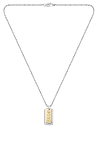Box-chain necklace with branded double-tag pendant