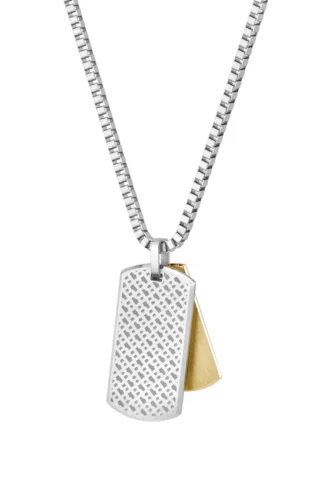 Box-chain necklace with branded double-tag pendant