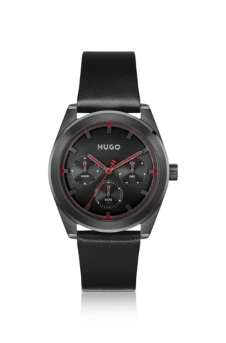 #BRIGHT SPORT Black-plated watch with tonal leather strap