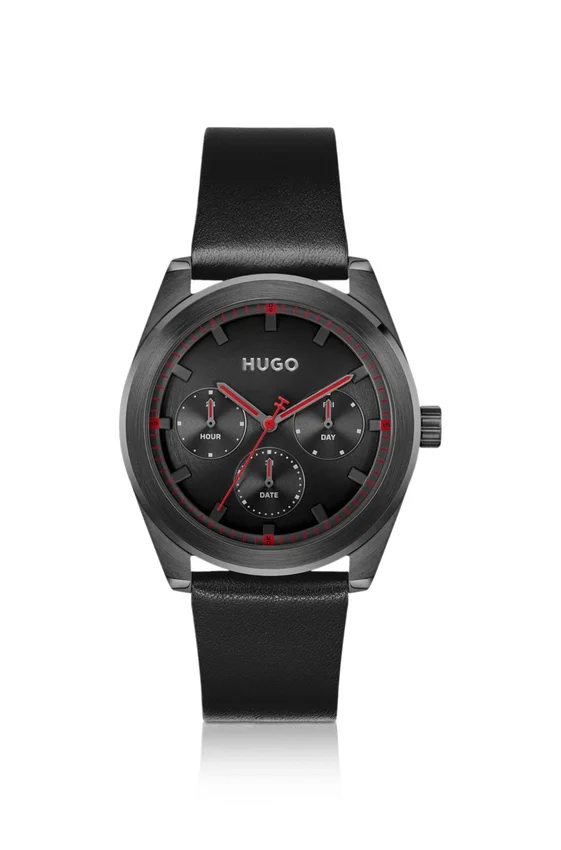 #BRIGHT SPORT Black-plated watch with tonal leather strap #BRIGHT SPORT Black-plated watch with tonal leather strap