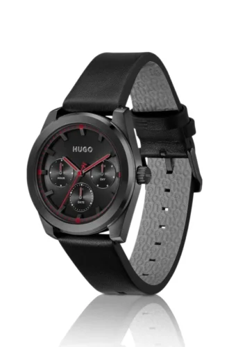 #BRIGHT SPORT Black-plated watch with tonal leather strap
