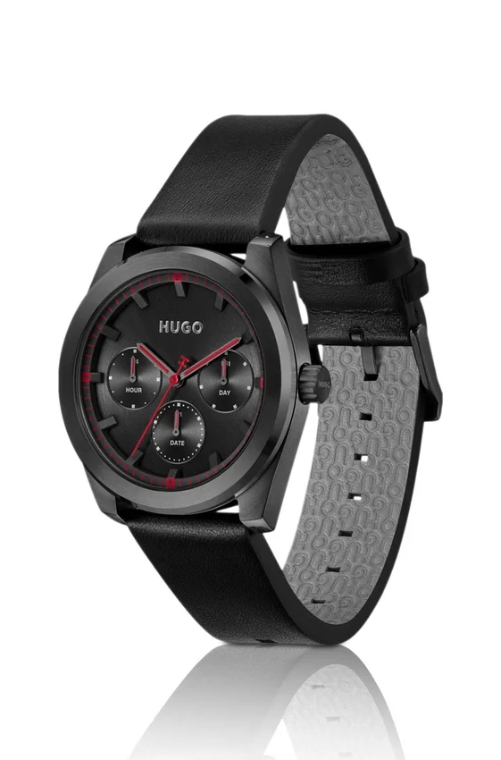 #BRIGHT SPORT Black-plated watch with tonal leather strap #BRIGHT SPORT Black-plated watch with tonal leather strap