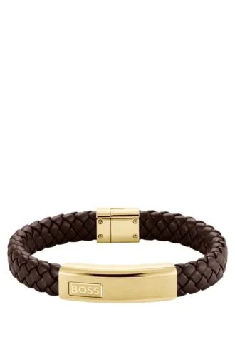 Brown braided leather cuff with gold-tone logo plate