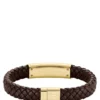 Brown braided leather cuff with gold-tone logo plate