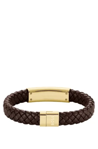 Brown braided leather cuff with gold-tone logo plate