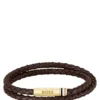 Brown braided leather cuff with logo closure