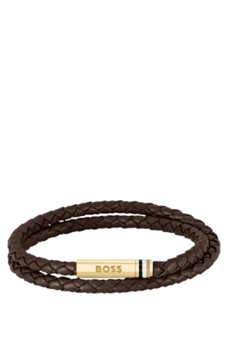 Brown braided leather cuff with logo closure