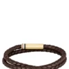 Brown braided leather cuff with logo closure