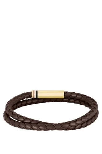 Brown braided leather cuff with logo closure