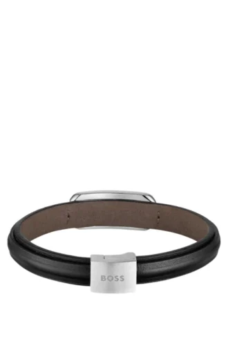 Brown-leather cuff with branded metallic link