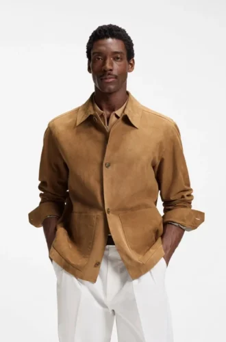Button-up suede jacket with checkered lining