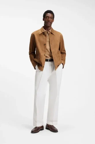 Button-up suede jacket with checkered lining