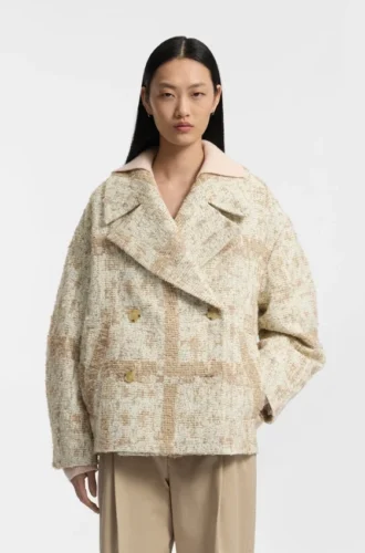 Check-jacquard coat with double-breasted closure